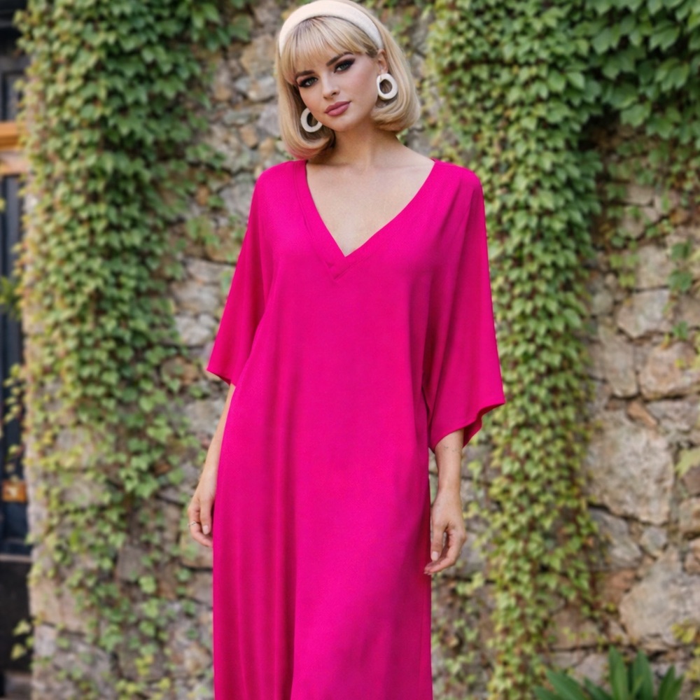 NATORI Retro Soft Knit Hot Pink Jersey Maxi Dress, M